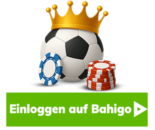 Fußball mit goldener Krone daneben Casino Chips und ein grüner Button mit Einloggen auf Bahigo