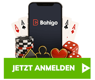Smartphone mit Bahigo Logo vor vier Assen roten Würfeln und Spielsymbolen
