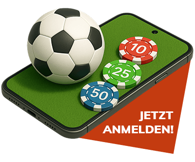 bahigo-registrierung-22 Smartphone Bildschirm als Spielfeld mit Fußball Pokerchips und rotem Jetzt anmelden Banner
